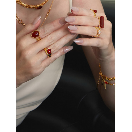 Boonee alus鏈鎖秘境系列紅瑪瑙金色戒指女高級感編織鏤空食指戒