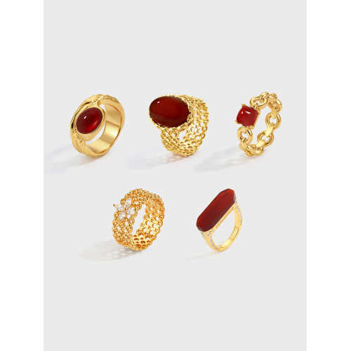 Boonee alus鏈鎖秘境系列紅瑪瑙金色戒指女高級感編織鏤空食指戒