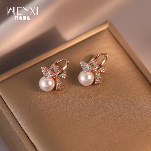 玫瑰金蝴蝶結耳環高級感輕奢韓國小衆珍珠耳釘女氣質新款秋冬耳飾