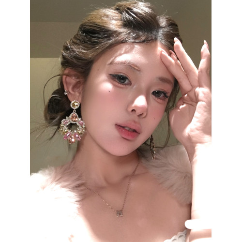 古早千金風粉色閃鋯吊墜耳環女誇張設計耳飾輕奢高級感巨好看耳釘