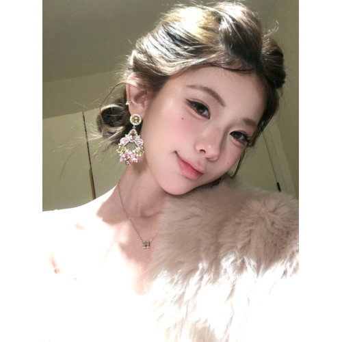 古早千金風粉色閃鋯吊墜耳環女誇張設計耳飾輕奢高級感巨好看耳釘