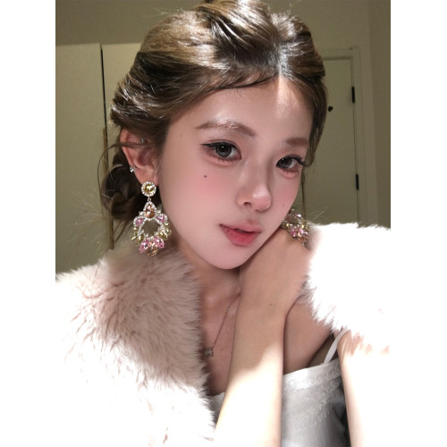 古早千金風粉色閃鋯吊墜耳環女誇張設計耳飾輕奢高級感巨好看耳釘