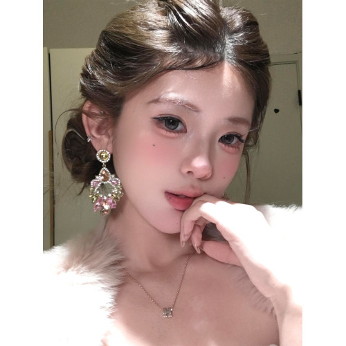 古早千金風粉色閃鋯吊墜耳環女誇張設計耳飾輕奢高級感巨好看耳釘