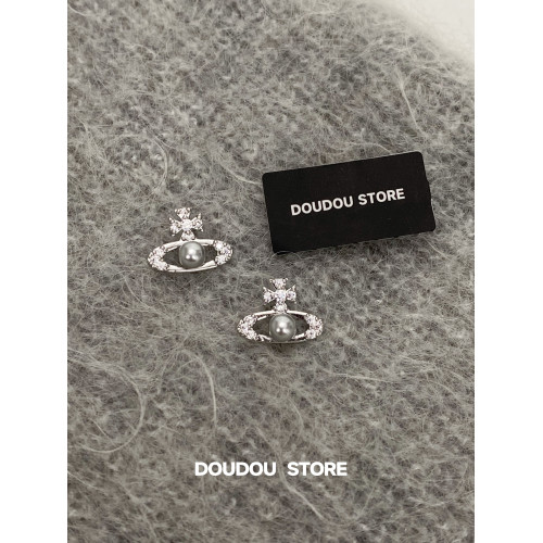 DOUDOUSTORE簡約灰色珍珠土星耳釘星球耳環高級感小巧女潮