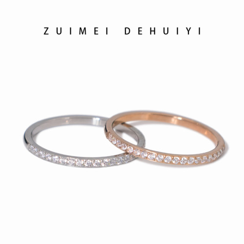 高級感細款排鑽戒指女曡戴時尚個性鈦鋼玫瑰金食指戒尾戒碎鑽排戒