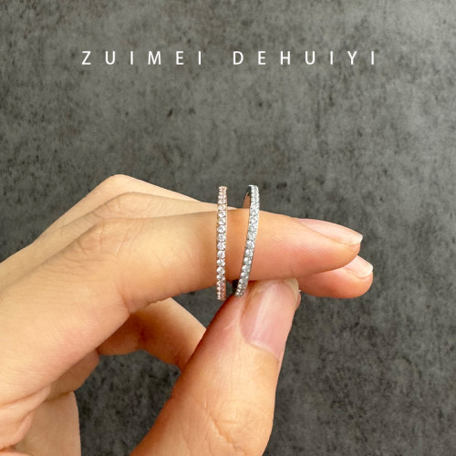 高級感細款排鑽戒指女曡戴時尚個性鈦鋼玫瑰金食指戒尾戒碎鑽排戒