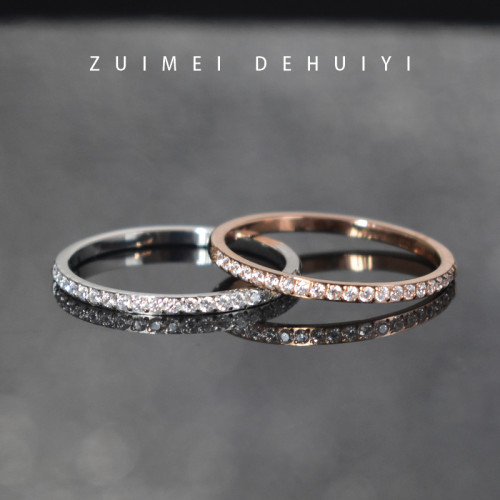 高級感細款排鑽戒指女曡戴時尚個性鈦鋼玫瑰金食指戒尾戒碎鑽排戒