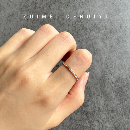 高級感細款排鑽戒指女曡戴時尚個性鈦鋼玫瑰金食指戒尾戒碎鑽排戒