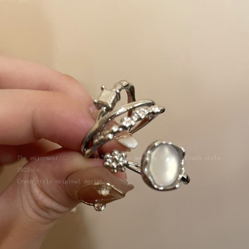 月光石鋯石戒指女款輕奢小衆高級感裝飾指環冷淡風復古曡戴食指戒