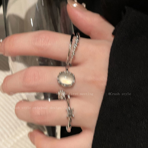 月光石鋯石戒指女款輕奢小衆高級感裝飾指環冷淡風復古曡戴食指戒