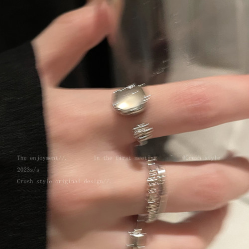 月光石鋯石戒指女款輕奢小衆高級感裝飾指環冷淡風復古曡戴食指戒