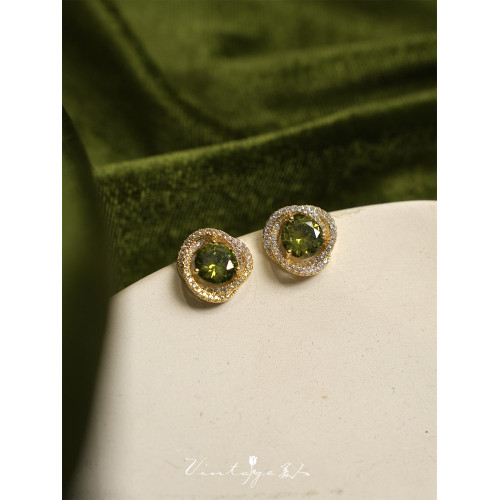 「萊茵河畔」法式優雅復古高級感閃耀宴會鋯石橄欖綠耳釘/耳夾女