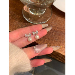 韓系閃鋯蝴蝶結珍珠耳釘女輕奢高級感耳環獨特漂亮無耳洞耳夾耳飾