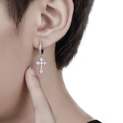 原創鑲鑽耳釘十字架耳環S925銀耳針2021年新款潮高級感歐美嘻哈男