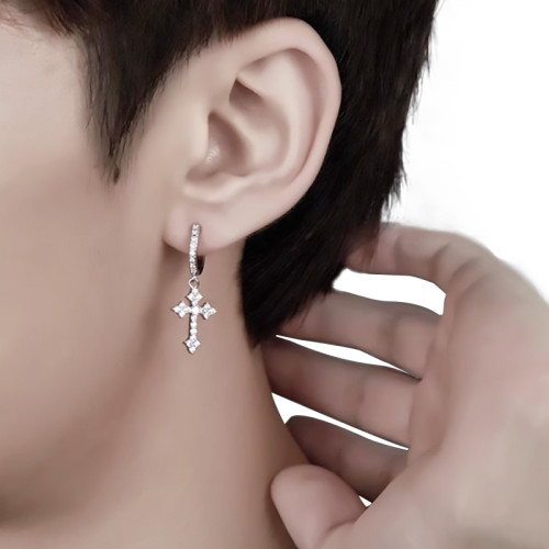 原創鑲鑽耳釘十字架耳環S925銀耳針2021年新款潮高級感歐美嘻哈男