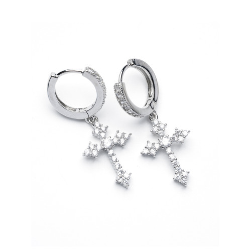 原創鑲鑽耳釘十字架耳環S925銀耳針2021年新款潮高級感歐美嘻哈男