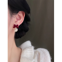 「綾」紅色絲絨蝴蝶結耳飾蚊香盤耳夾女無耳洞輕奢耳墜過年耳釘銀