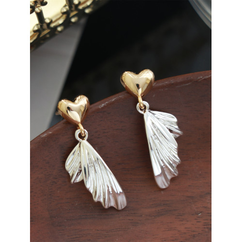 因缺斯汀s925銀針金銀撞色愛心魚尾耳環小衆設計無耳洞蚊香盤耳夾