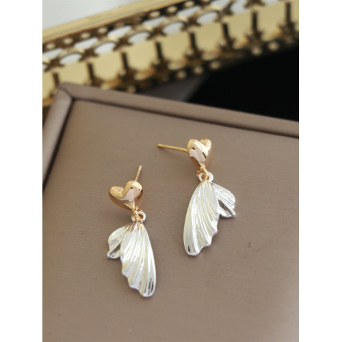 因缺斯汀s925銀針金銀撞色愛心魚尾耳環小衆設計無耳洞蚊香盤耳夾