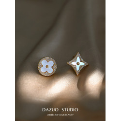 法式小香風金色耳環女輕奢高級感耳飾品貝母不對稱四葉草氣質耳釘