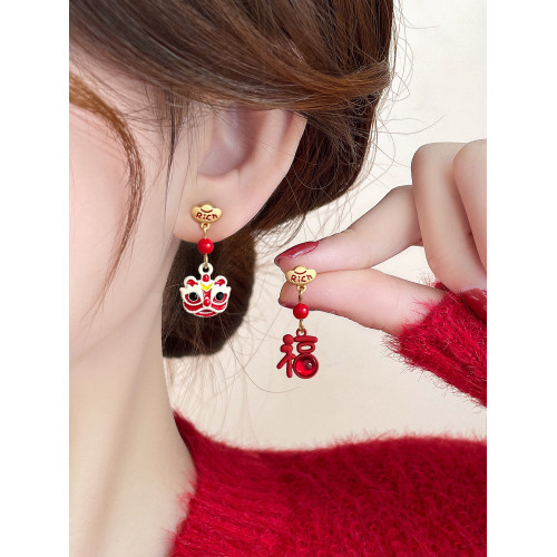醒獅新年過年耳釘適合冬天的耳環紅色秋冬女小衆獨特氣質高級耳飾