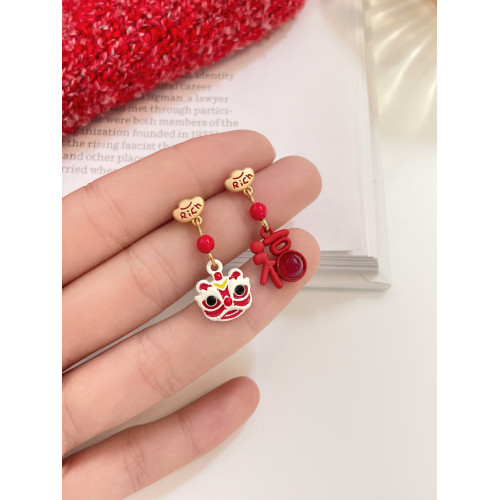 醒獅新年過年耳釘適合冬天的耳環紅色秋冬女小衆獨特氣質高級耳飾