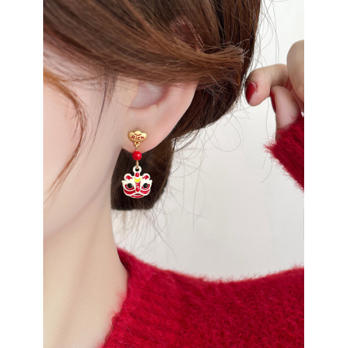 醒獅新年過年耳釘適合冬天的耳環紅色秋冬女小衆獨特氣質高級耳飾