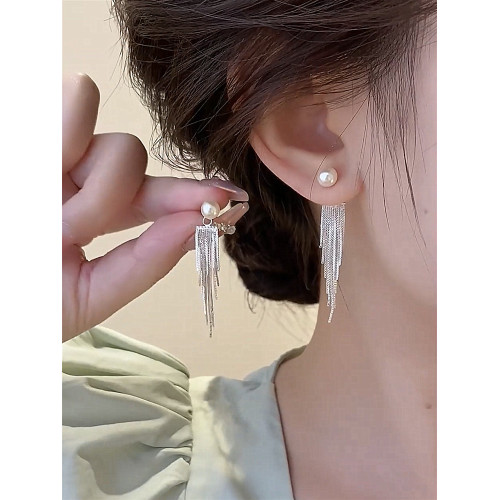 珍珠流蘇前後帶氣質s925銀針耳釘女新款長款耳環小衆設計耳墜耳飾 珍珠流蘇前後帶氣質s925銀針耳釘女新款長款耳環小衆設計耳墜耳飾