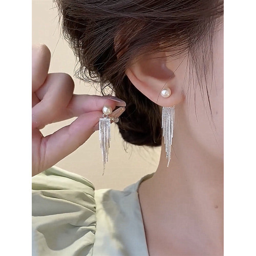 珍珠流蘇前後帶氣質s925銀針耳釘女新款長款耳環小衆設計耳墜耳飾 珍珠流蘇前後帶氣質s925銀針耳釘女新款長款耳環小衆設計耳墜耳飾