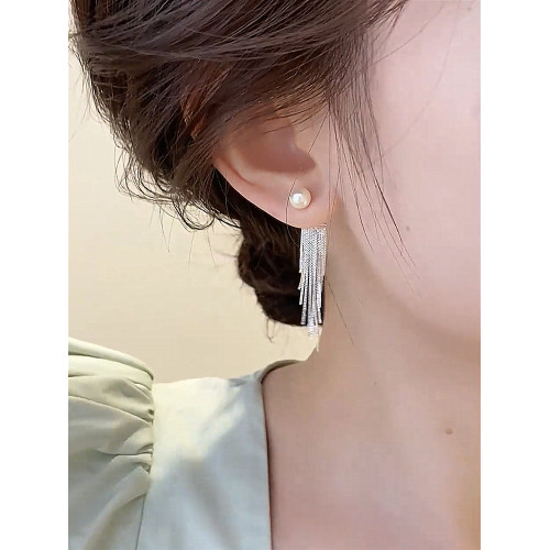 珍珠流蘇前後帶氣質s925銀針耳釘女新款長款耳環小衆設計耳墜耳飾 珍珠流蘇前後帶氣質s925銀針耳釘女新款長款耳環小衆設計耳墜耳飾