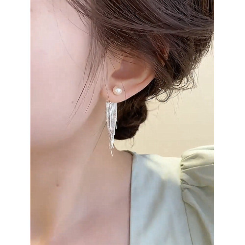 珍珠流蘇前後帶氣質s925銀針耳釘女新款長款耳環小衆設計耳墜耳飾 珍珠流蘇前後帶氣質s925銀針耳釘女新款長款耳環小衆設計耳墜耳飾