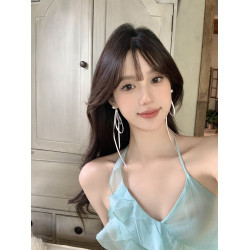 【蜜桃茶】夏日芭蕾風長款仙氣蝴蝶結絲帶珍珠耳環獨特甜美耳飾女