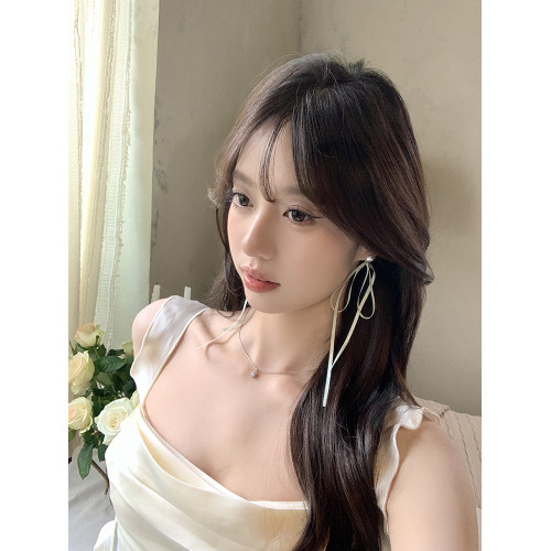 【蜜桃茶】夏日芭蕾風長款仙氣蝴蝶結絲帶珍珠耳環獨特甜美耳飾女