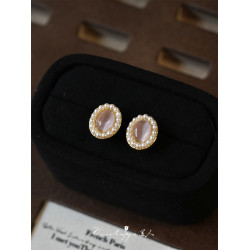 「芭蕾莊園」法式浪漫高級感溫柔芭蕾風粉色貓眼石珍珠耳釘/耳夾