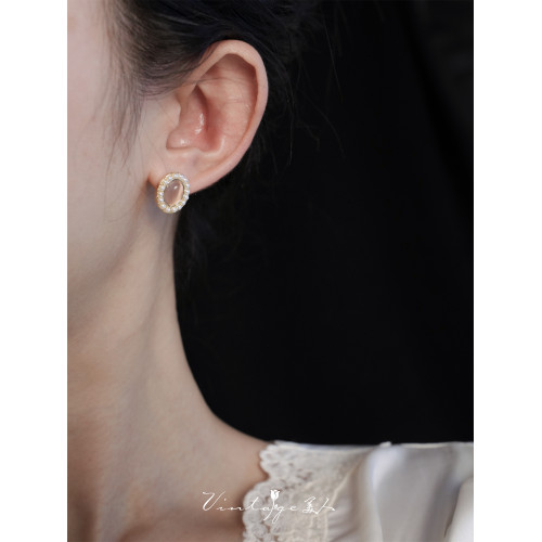 「芭蕾莊園」法式浪漫高級感溫柔芭蕾風粉色貓眼石珍珠耳釘/耳夾