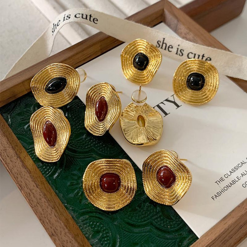 安可拉紅琺瑯耳環輕奢高級感中古耳釘寬面肌理圓盤宮廷風復古耳飾