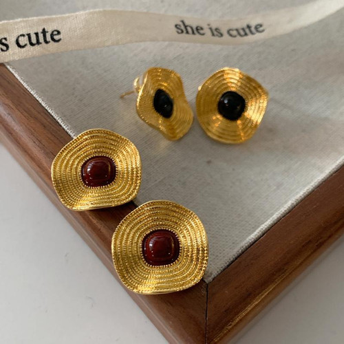 安可拉紅琺瑯耳環輕奢高級感中古耳釘寬面肌理圓盤宮廷風復古耳飾