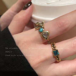 綠松石愛心鳶尾花復古戒指女款中古小衆輕奢高級感食指戒曡戴指環