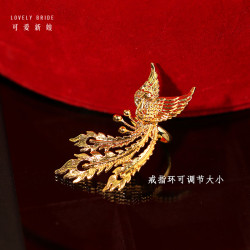 中式古法鳳凰戒指金色復古可調節大小輕奢婚戒新娘秀禾龍鳳褂配飾
