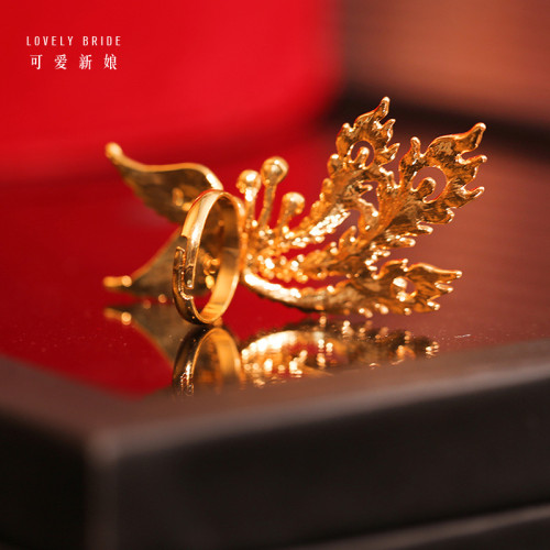 中式古法鳳凰戒指金色復古可調節大小輕奢婚戒新娘秀禾龍鳳褂配飾 中式古法鳳凰戒指金色復古可調節大小輕奢婚戒新娘秀禾龍鳳褂配飾