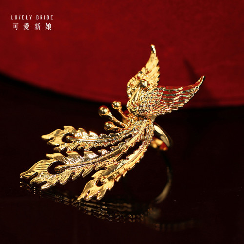 中式古法鳳凰戒指金色復古可調節大小輕奢婚戒新娘秀禾龍鳳褂配飾 中式古法鳳凰戒指金色復古可調節大小輕奢婚戒新娘秀禾龍鳳褂配飾