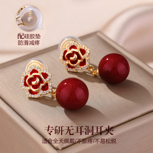 紅色珍珠耳夾無耳洞女耳環高級感耳飾2026新款爆款輕奢山茶花耳釘 紅色珍珠耳夾無耳洞女耳環高級感耳飾2026新款爆款輕奢山茶花耳釘