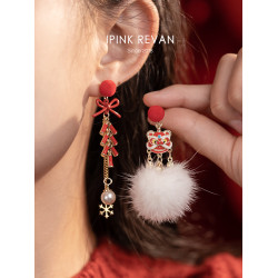 IPINK原創新年喜慶醒獅鈴鐺耳環女新中式耳夾紅色風耳飾