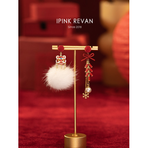 IPINK原創新年喜慶醒獅鈴鐺耳環女新中式耳夾紅色風耳飾