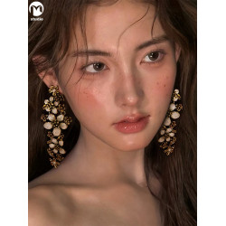 復古法式花枝剪影誇張耳夾女小衆高級感長款流蘇耳釘仙氣花朵耳飾