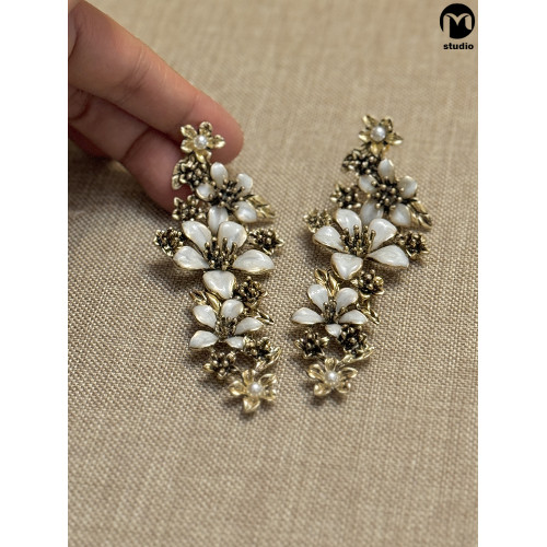 復古法式花枝剪影誇張耳夾女小衆高級感長款流蘇耳釘仙氣花朵耳飾