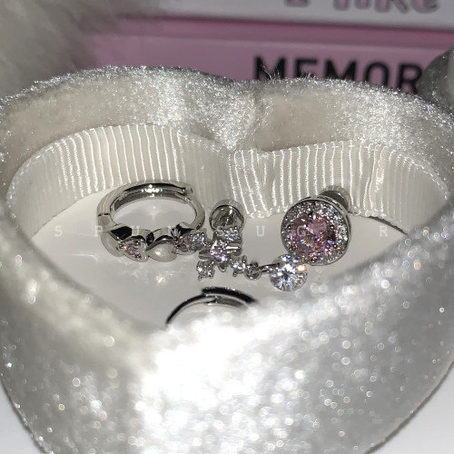 粉色十字雪花墜耳骨釘鈦鋼甜美閃鑽愛心耳圈曡帶小衆耳釘耳環女