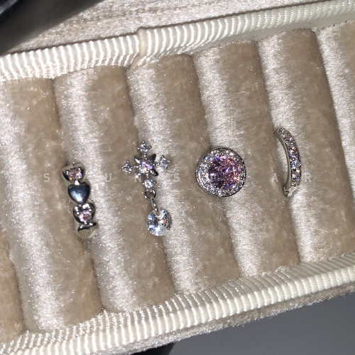 粉色十字雪花墜耳骨釘鈦鋼甜美閃鑽愛心耳圈曡帶小衆耳釘耳環女