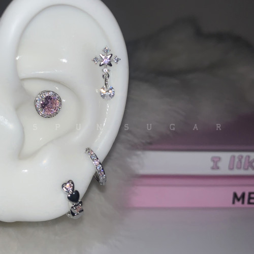 粉色十字雪花墜耳骨釘鈦鋼甜美閃鑽愛心耳圈曡帶小衆耳釘耳環女