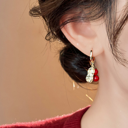 好事花生紅色珍珠耳環女高級感新年耳釦耳釘獨特耳飾2026新款耳墜